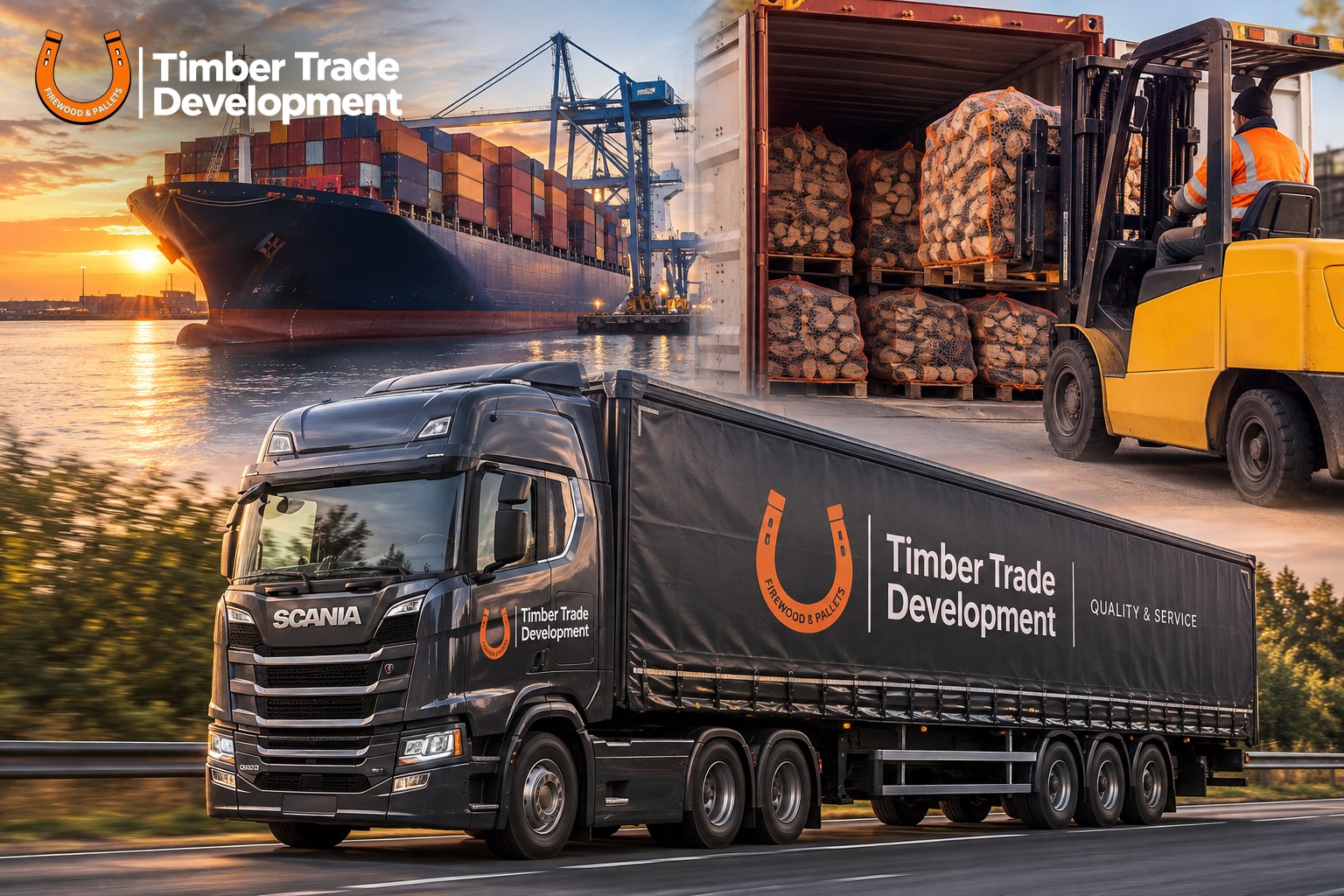 Timber Trade Development kravas auto, konteineru kuģis un malkas iekraušana konteinerā